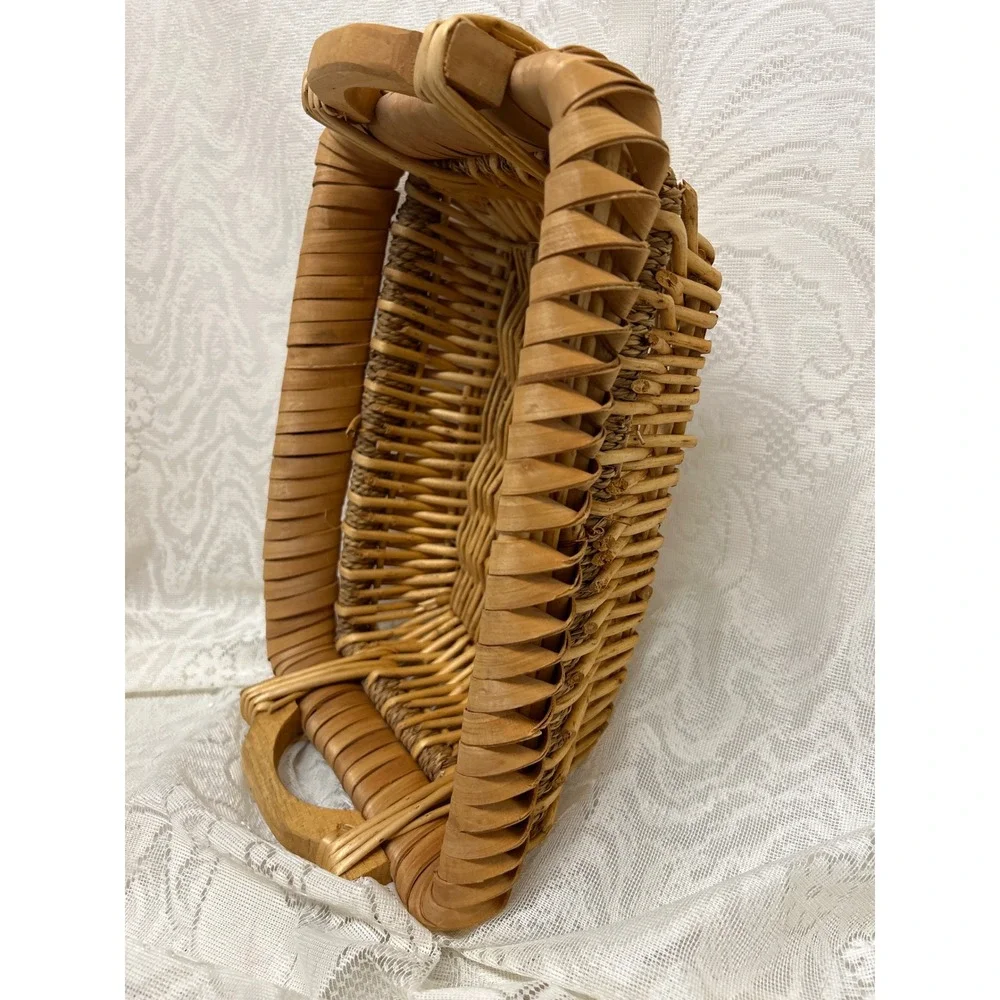 Vintage Woven Wicker Basket Set Round Rope Handle‎ and Rectangular Wood Handle